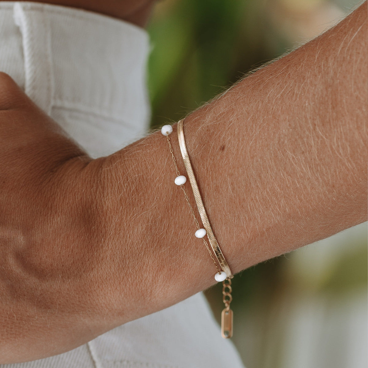 Herringbone & Pearl Layered Bracelet