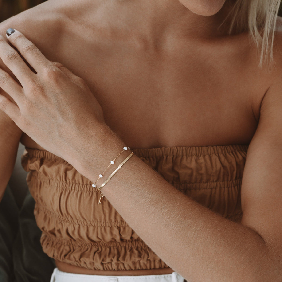 Herringbone & Pearl Layered Bracelet