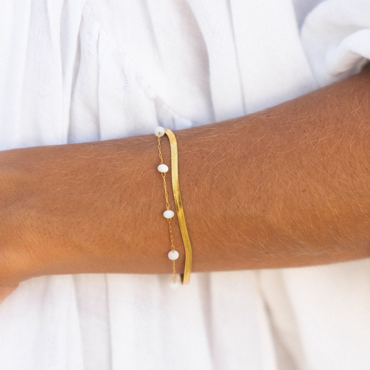 Herringbone & Pearl Layered Bracelet