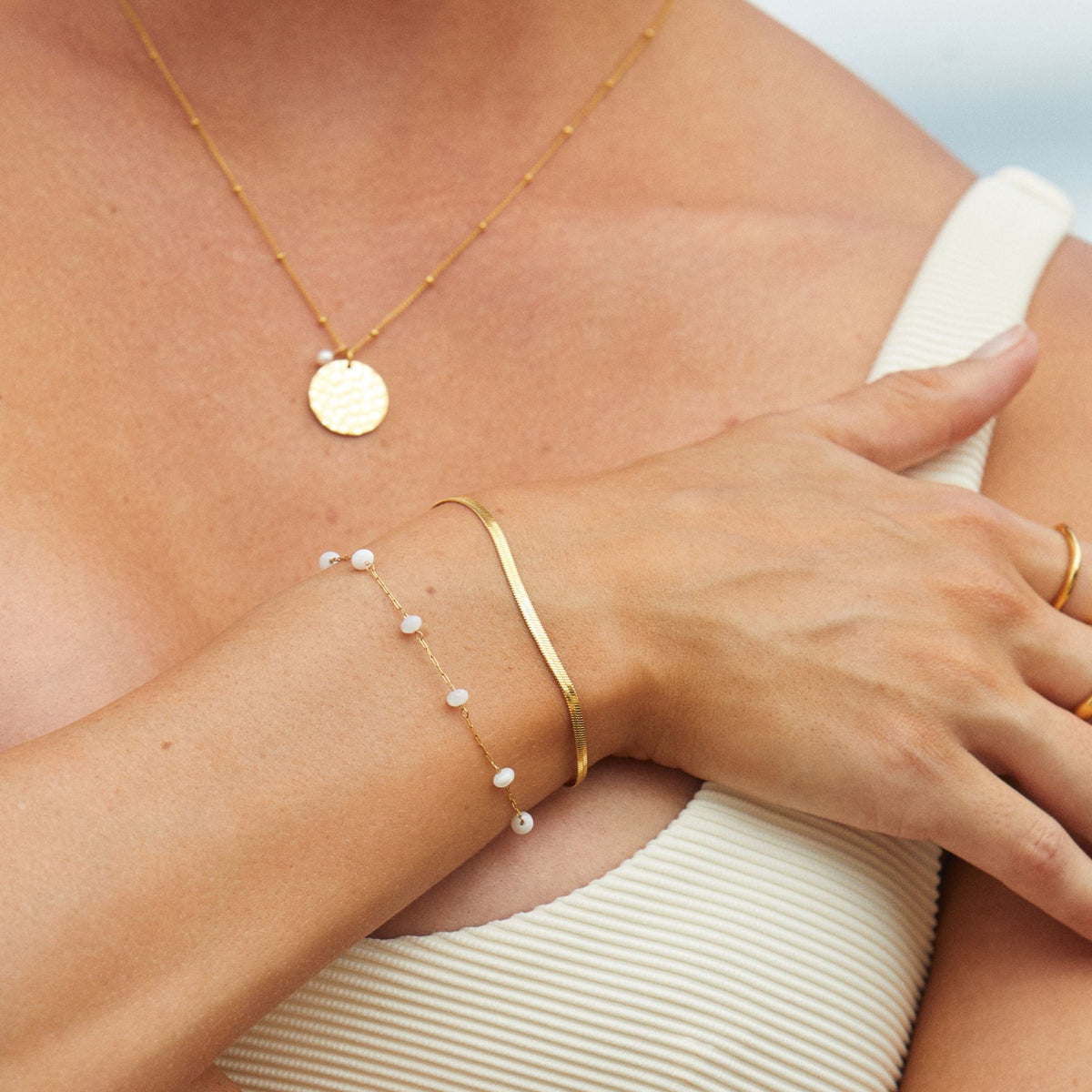 Herringbone & Pearl Layered Bracelet
