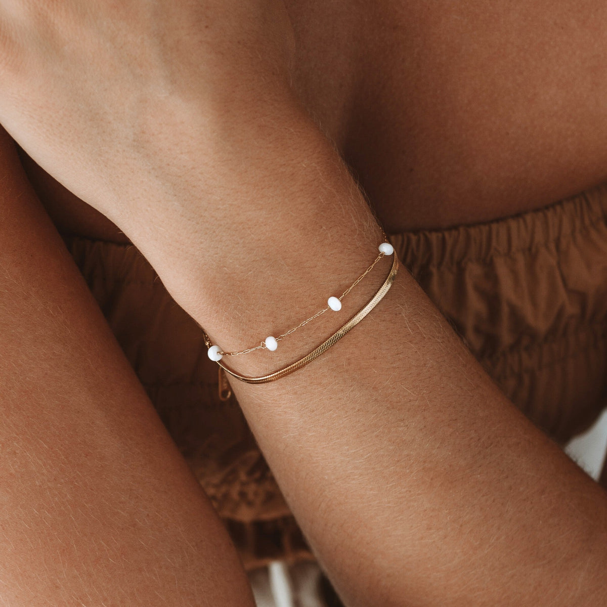 Herringbone & Pearl Layered Bracelet
