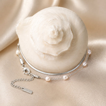 Herringbone & Pearl Layered Bracelet