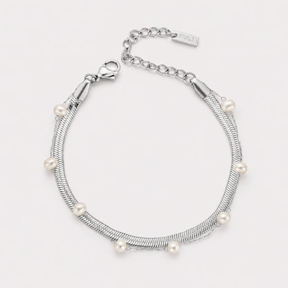 Herringbone & Pearl Layered Bracelet